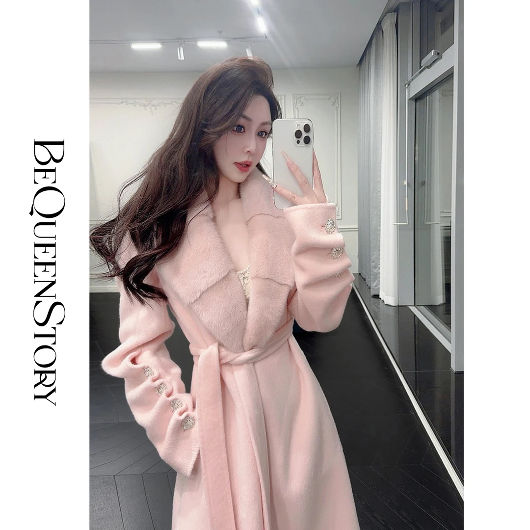 余潇潇【雪国女星】秋冬澳羊毛拼丹麦水貂毛长款双面呢大衣新年穿搭