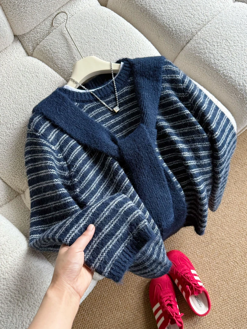 INS风女针织条纹披肩学院风毛针织衫休闲毛衣
