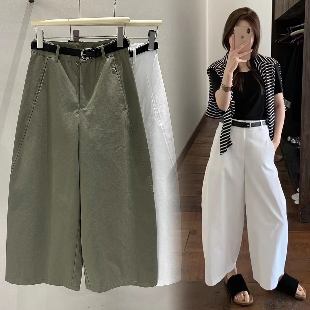 100纯棉早秋韩版洋气九分阔腿弯刀裤女高腰气球裤显瘦休闲裤子