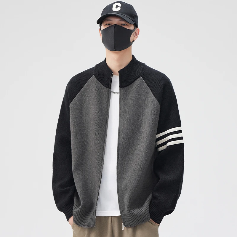 开衫毛衣男春秋季2024潮牌立领撞色针织外套男生休闲毛线衣服冬装