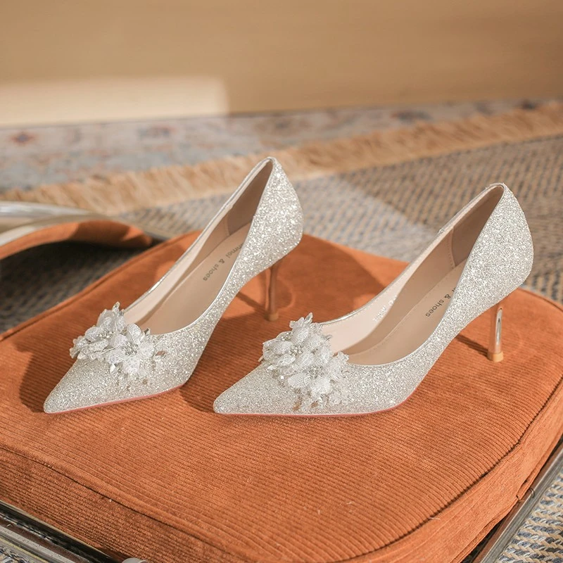 2025年春秋季亮片格利特细跟婚鞋宴会鞋轻奢百搭高跟鞋通勤鞋女鞋
