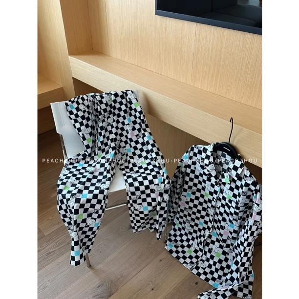 『PEACHZHOU』史努比棋盘格卡通宽松长袖松紧腰长裤家居服睡衣套装