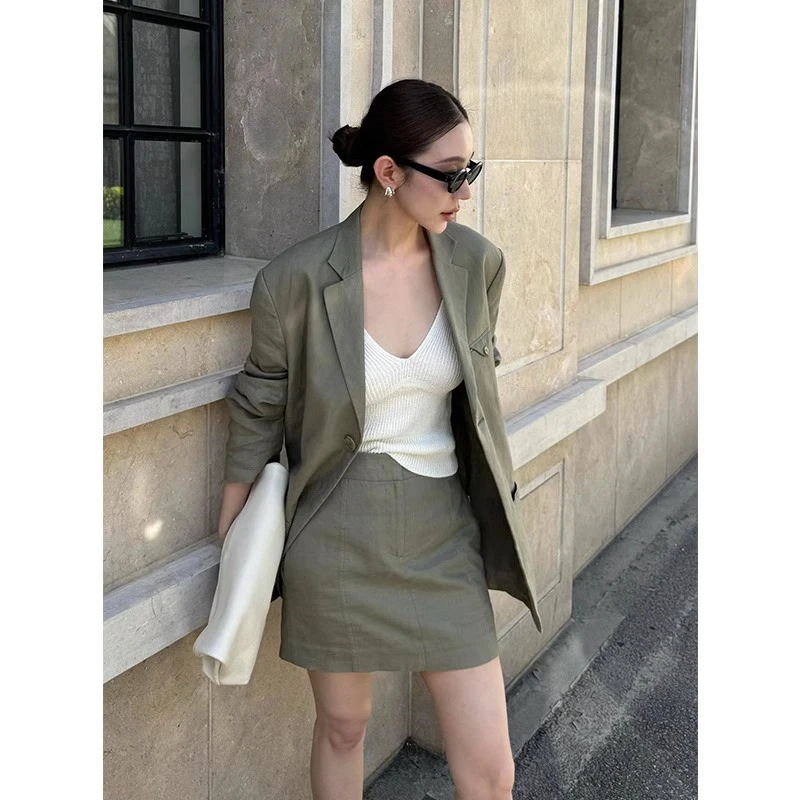 重要场合绝美小香风通勤休闲绿色棉麻西装外套套装裙女装2025夏季