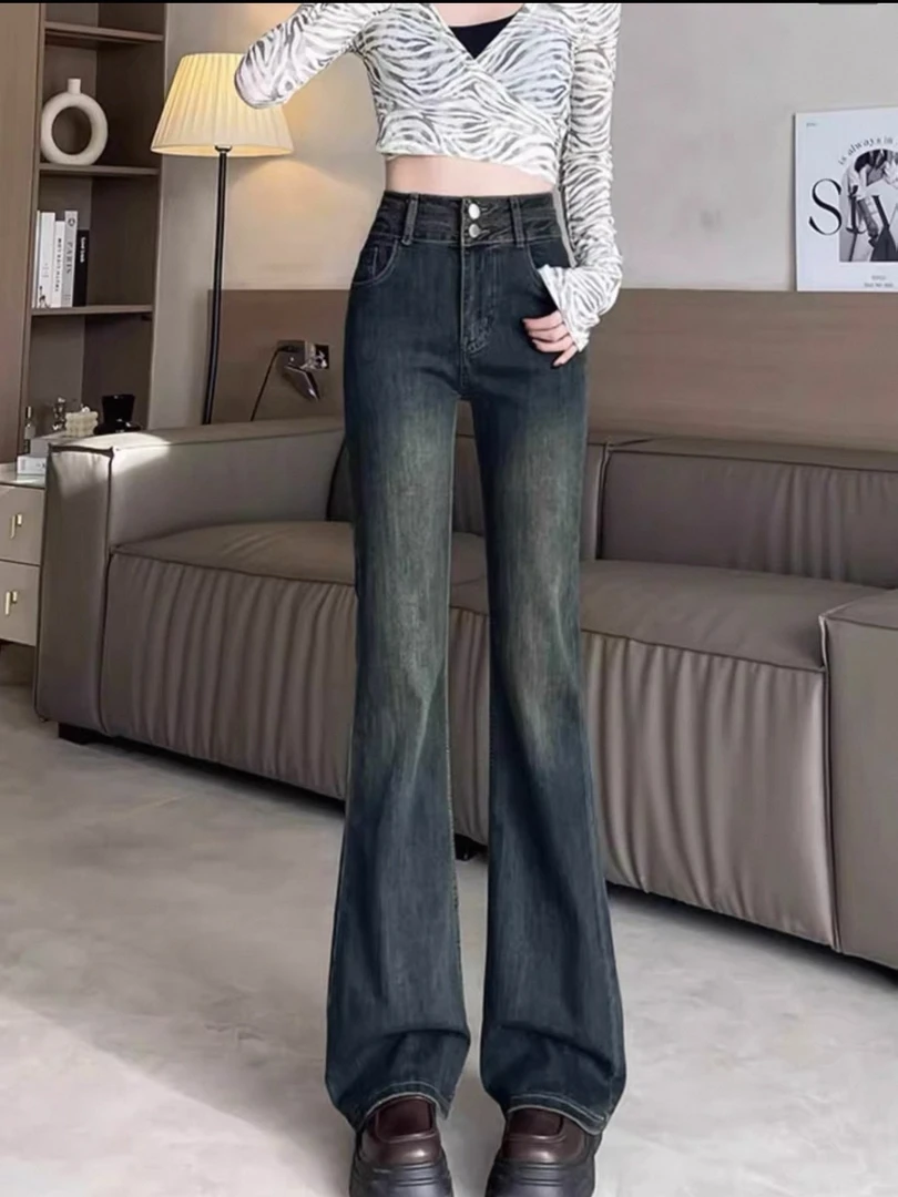 试穿样衣秋冬高腰牛仔裤秋季微胖窄版阔腿裤女复古微喇喇叭裤