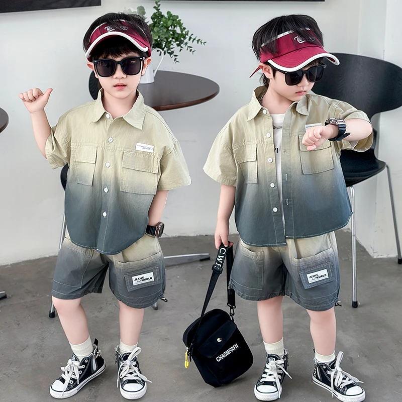 男童夏装衬衫套装2025新款韩版帅气男孩衣服儿童渐变短袖两件套潮