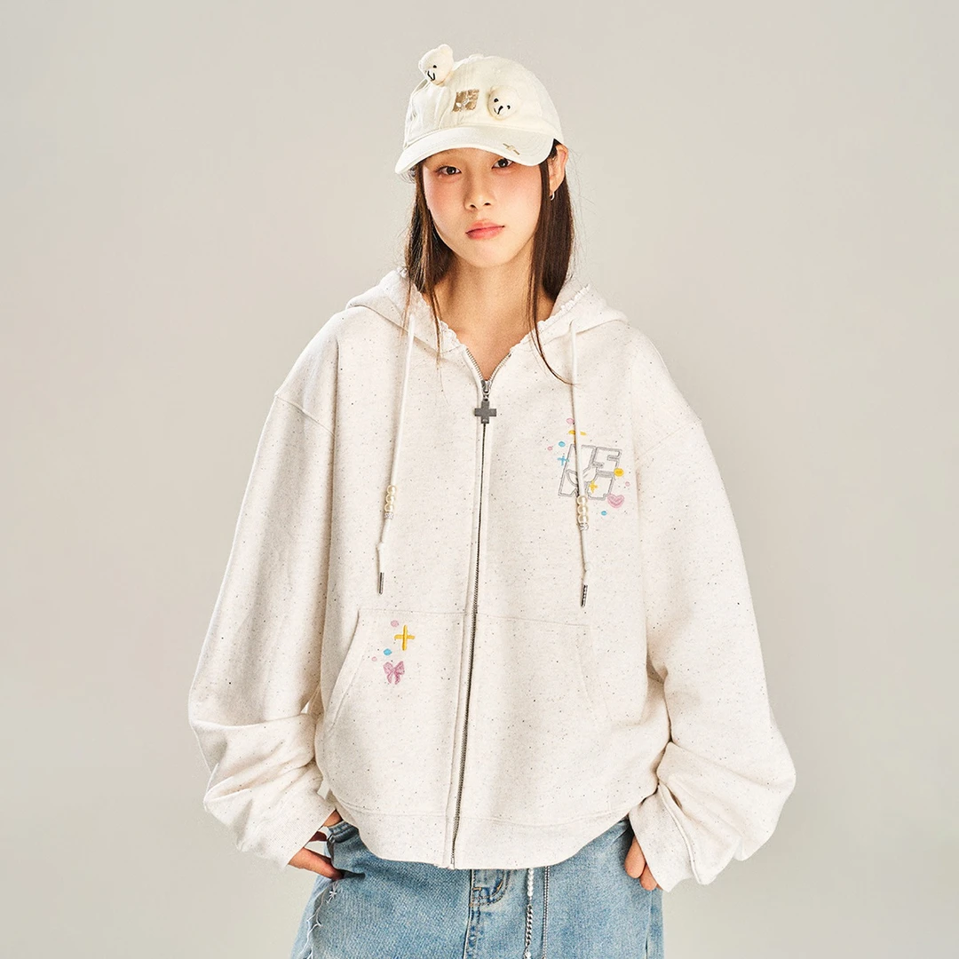 NSTNEW START发芽计划蕾丝贴布刺绣彩点花边连帽卫衣短款拉链外套