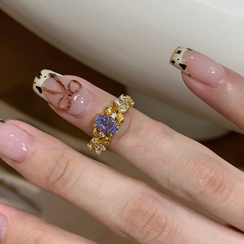 铜合金戒指 爆款紫荆花戒指女士2025年新款紫色锆石镶嵌轻奢指环