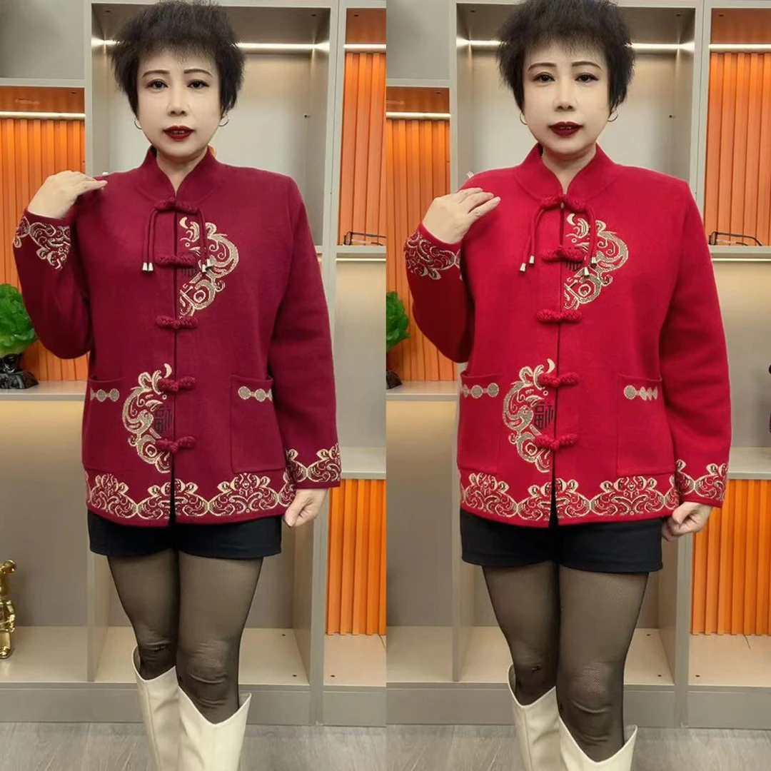 中老年人秋冬加绒唐装外套女妈妈针织毛衣喜庆过寿礼服