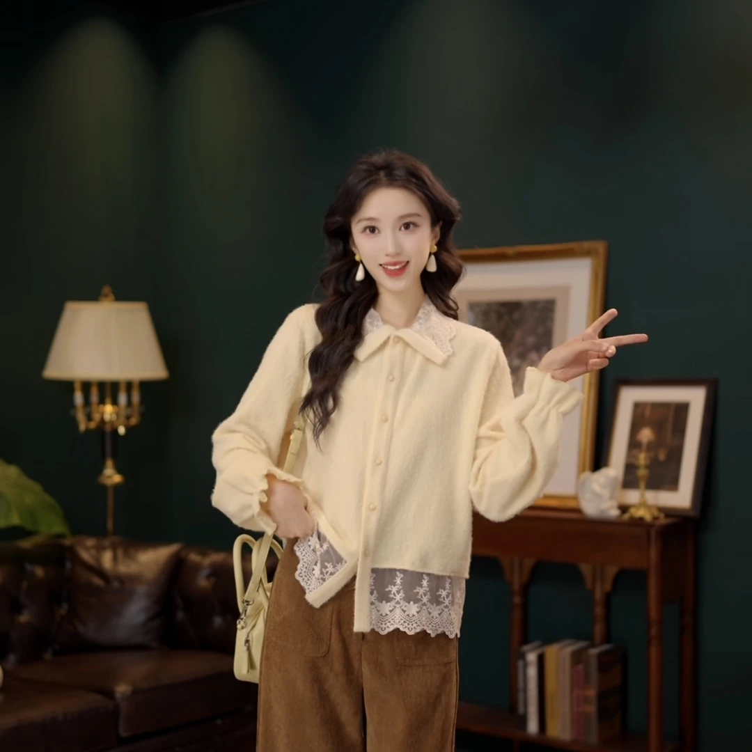 琦琦【泛黄信纸】港风复古长袖针织蕾丝宽松百搭上衣YE0708358