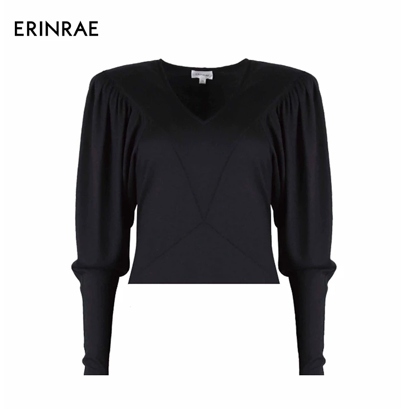 ERINRAE 早秋黑色V领绵羊毛打底衫EF416159WO20