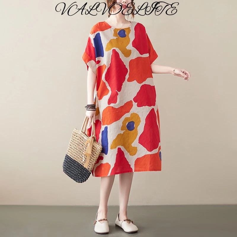 VALVOELITE麻连衣裙女2025夏季新款时尚中年妈妈气质减龄民族风显