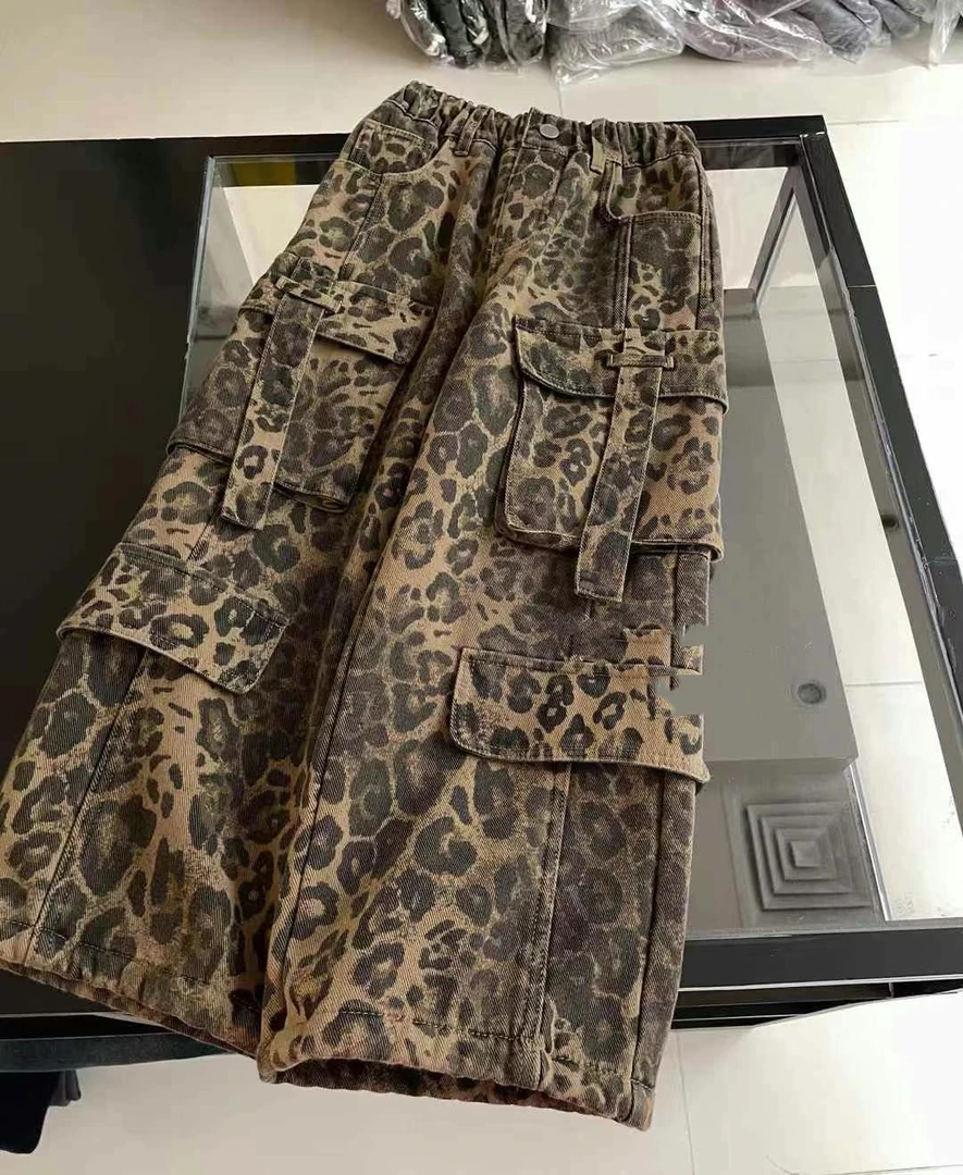 豹纹加绒工装裤男孩女孩潮版牛仔裤