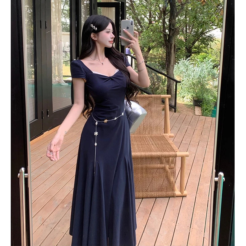 清仓超值法式气质高级感蕾丝方领长裙夏季收腰修身显瘦时尚连衣裙