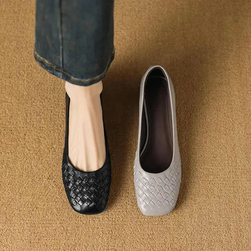 3CM/羊皮法式编织浅口单鞋方头豆豆鞋中跟软底女鞋粗跟通勤妈妈鞋