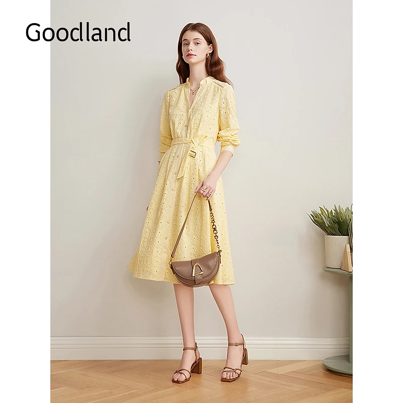Goodland美地2025春季新款法式优雅减龄镂空马德拉刺绣衬衫连衣裙