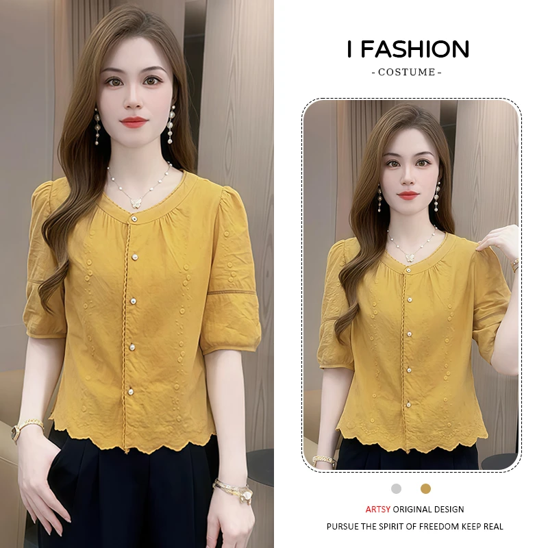 慵懒风简约时尚短袖衬衫女士2025年夏季新款洋气减龄纽扣提花上衣
