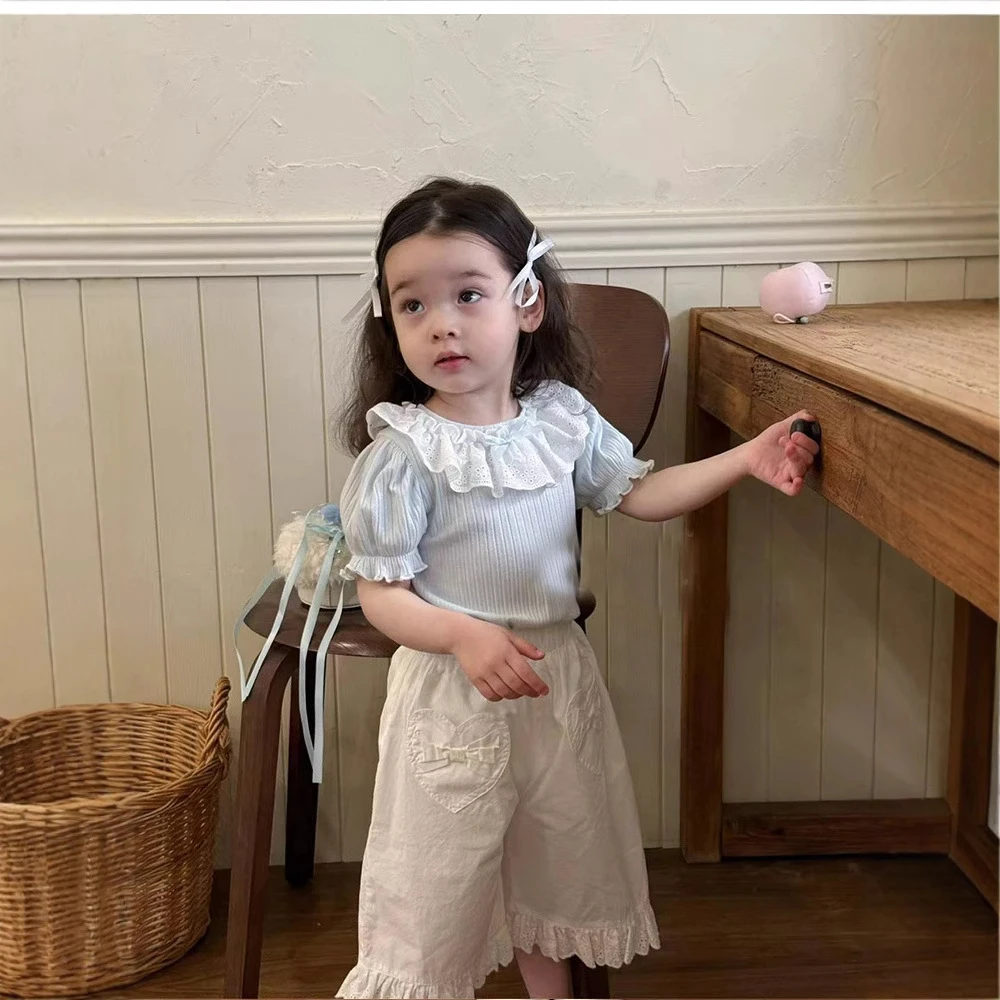 女童套装2025夏季新款儿童韩版甜美花边领T恤爱心口袋七分裤