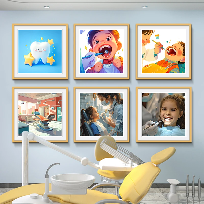 口腔水彩牙齿装饰画医院诊所门诊挂画牙科科室解剖种植牙壁画