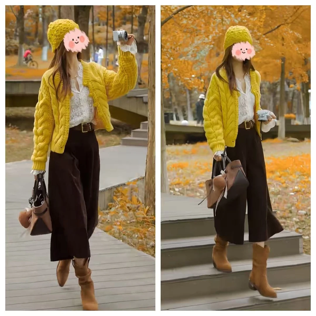 早秋时尚穿搭2025年新款百搭蕾丝长袖上衣针织开衫休闲裤三件套装