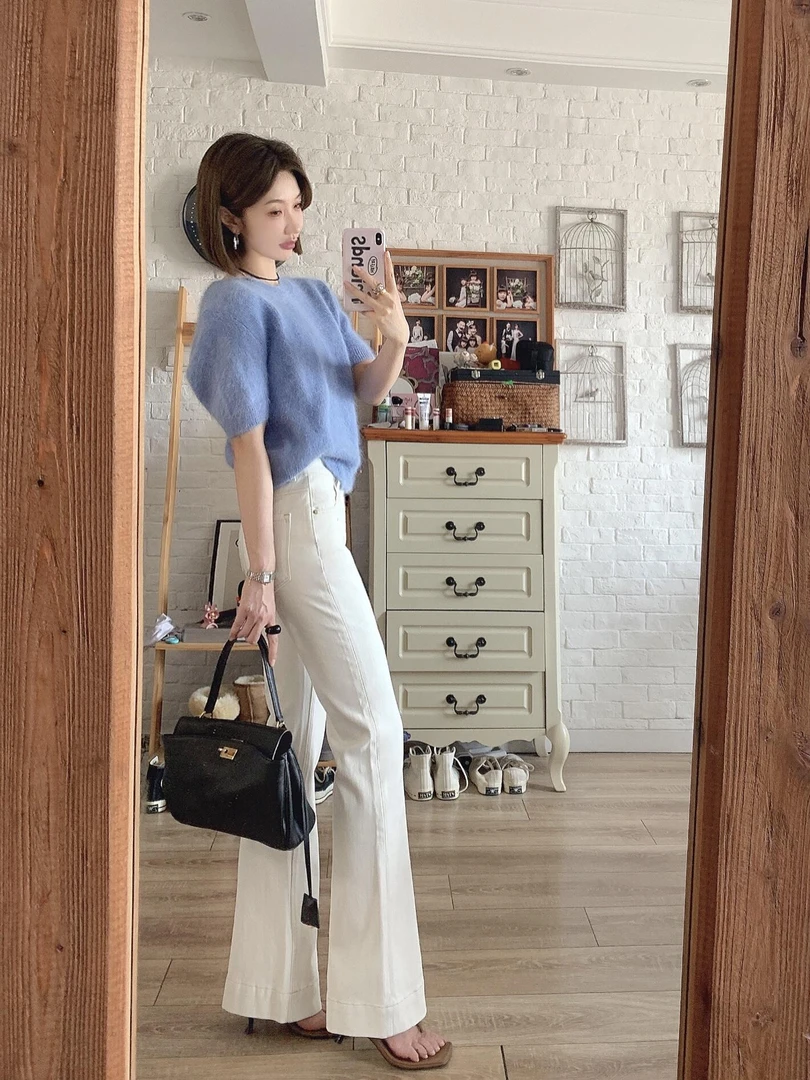 2025春季新款通勤百搭纯色毛衣显瘦圆领短袖针织衫微喇牛仔裤套装