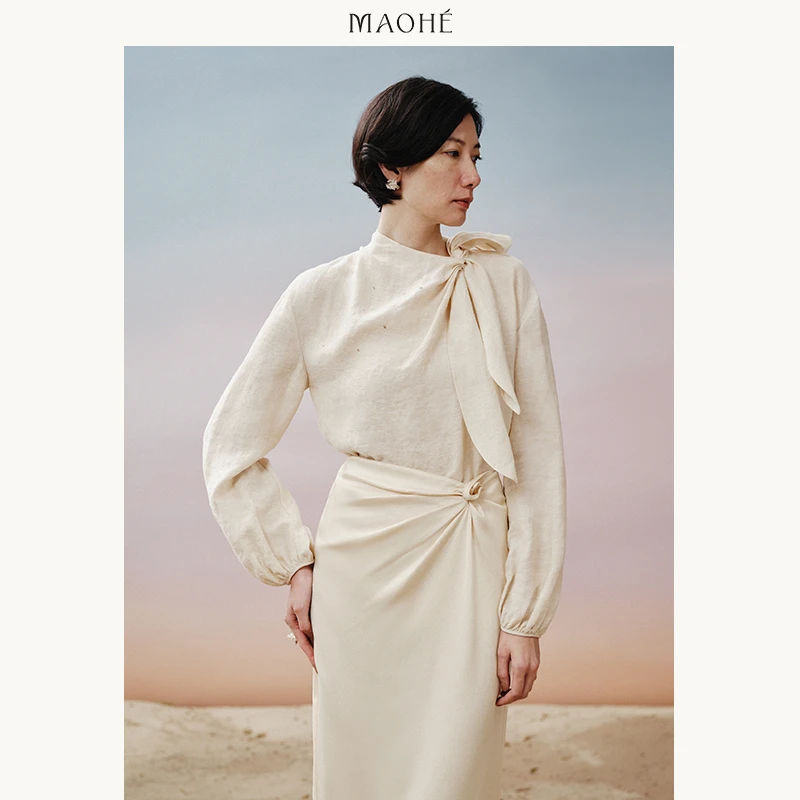 MAOHE茂禾 亚麻系带衬衫女2025年初春新款内搭打底25MH61553