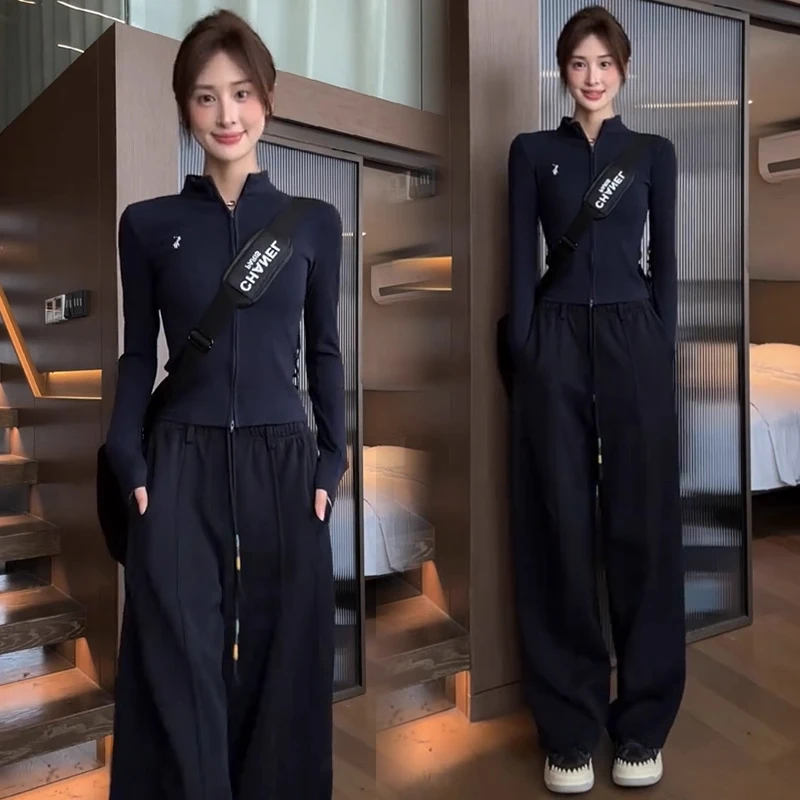 时尚休闲套装女2025春秋新款洋气显瘦立领开衫上衣阔腿裤两件套潮