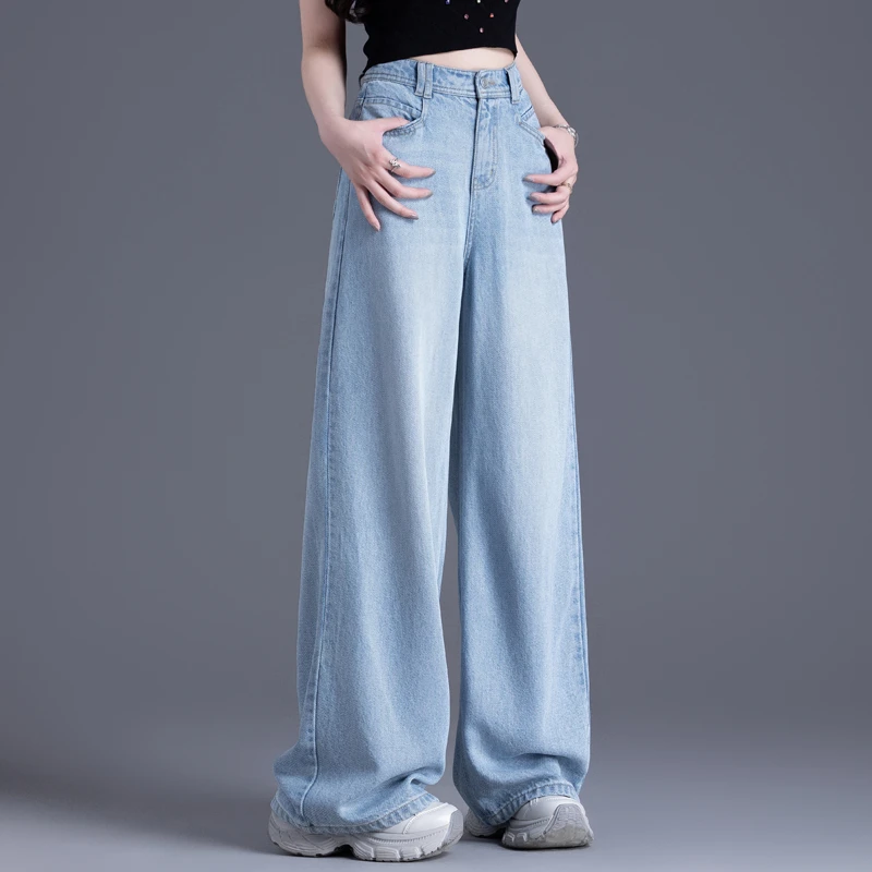 莱赛尔天丝软牛仔裤女款秋季薄款裤子女垂感冰丝高腰阔腿裤拖地裤