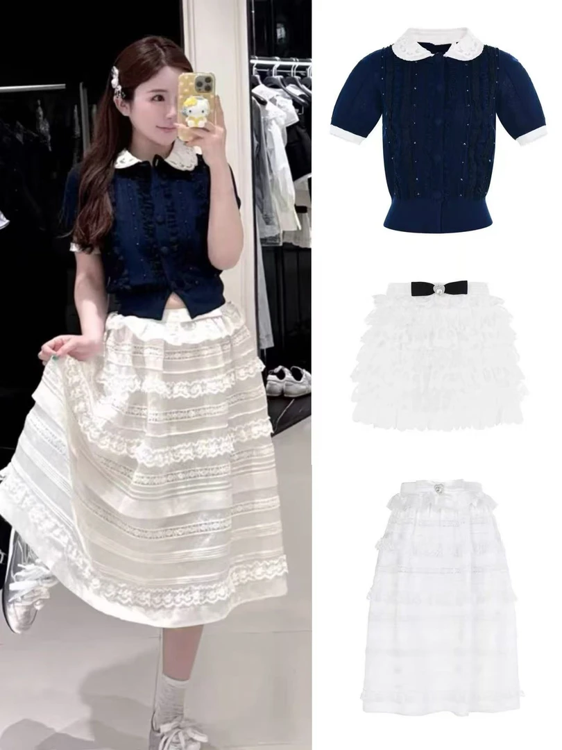 木子小店蓝色蕾丝翻领上衣半裙长裙