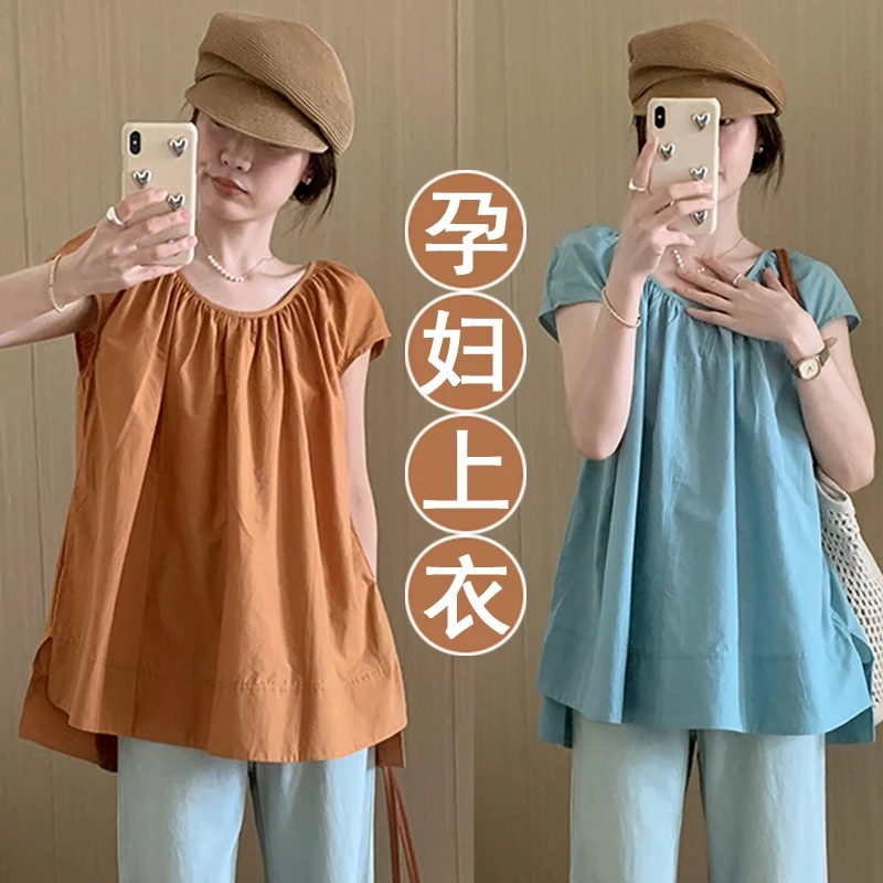 孕妇夏季上衣时尚网红飞飞袖宽松中长小衫新款韩版百搭显瘦气质