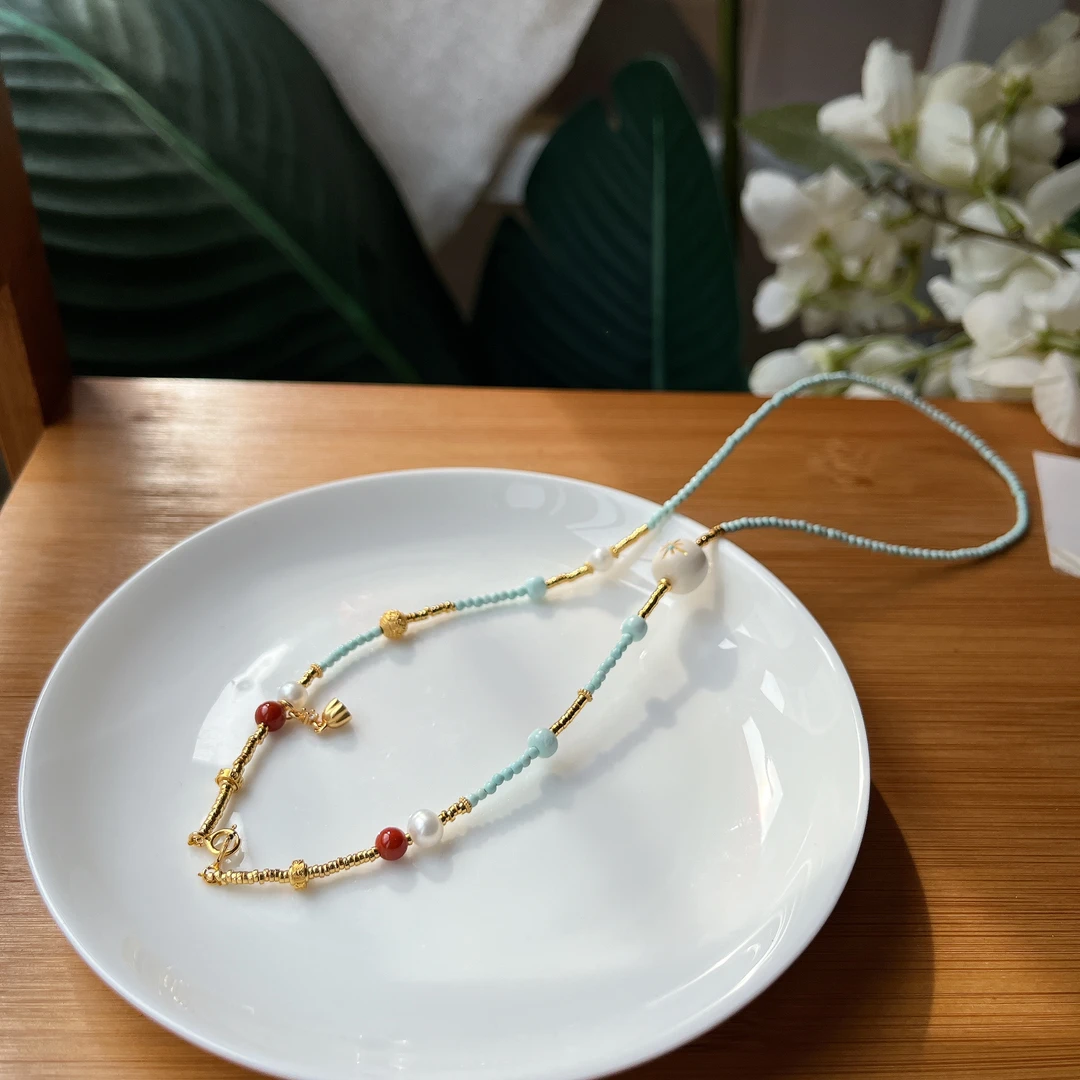 【郭老师】约2mm绿松小米链DIY猛犸牙项链约47cm