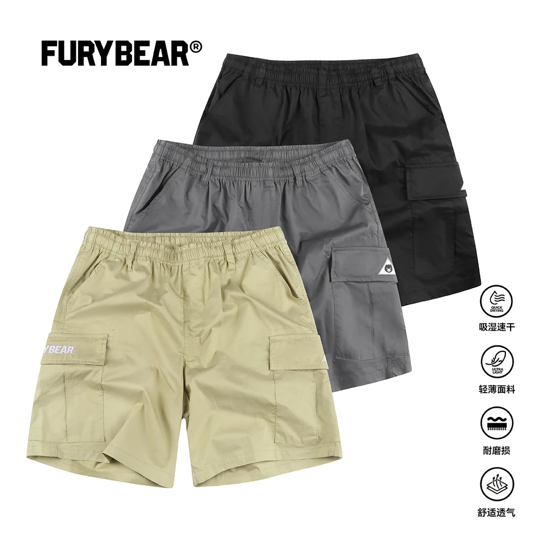 FURYBEAR熊怒系列夏季黑色卡其灰色中裤弹性速干格纹工装口袋短裤