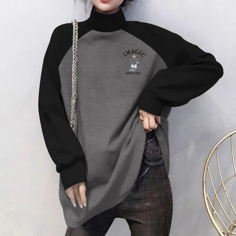 德绒加绒保暖撞色插肩长袖t恤女宽松上衣秋冬打底衫半高领中长款