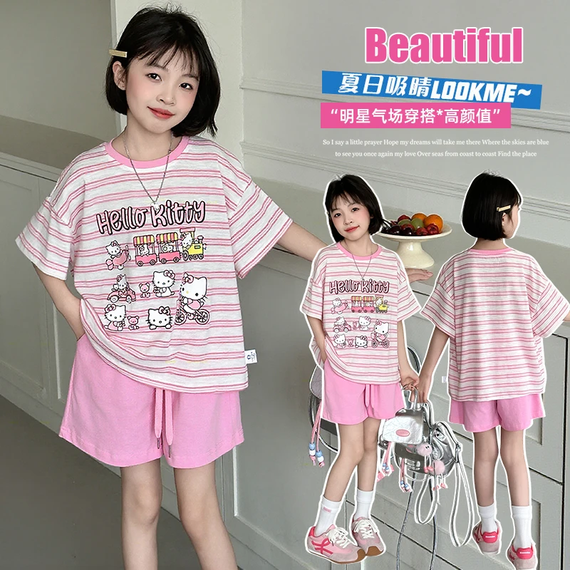 女童套装韩版夏季条纹中大童洋气时尚网红卡通宽松休闲夏日两件套