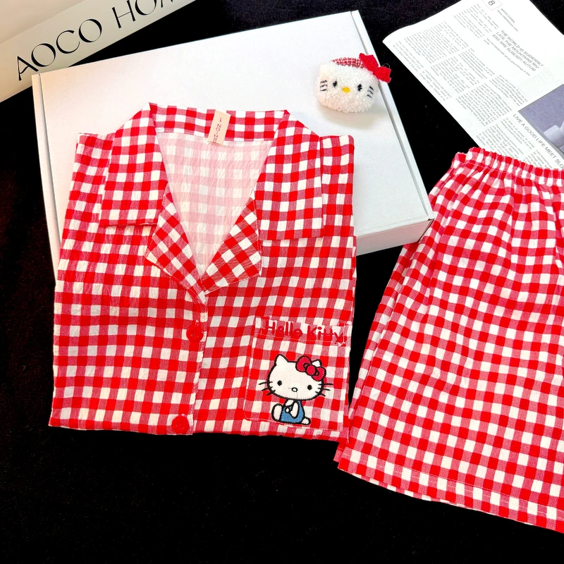 睡衣女夏季薄款云朵绵短袖短裤日系甜美格子红色可外穿家居服套装