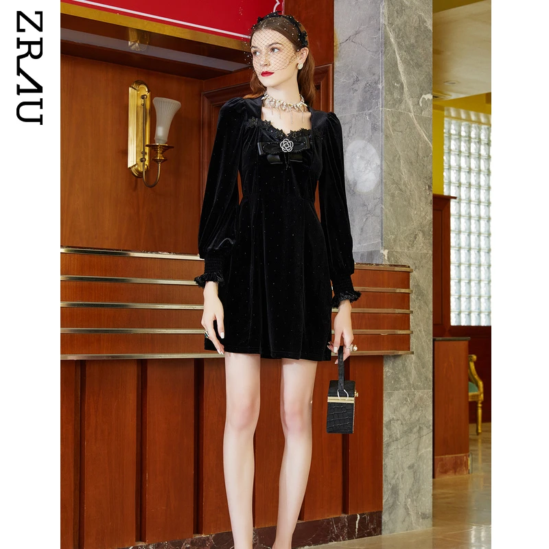 【达人专属】气质黑色复古宴会显瘦年会丝绒连衣裙91130643711