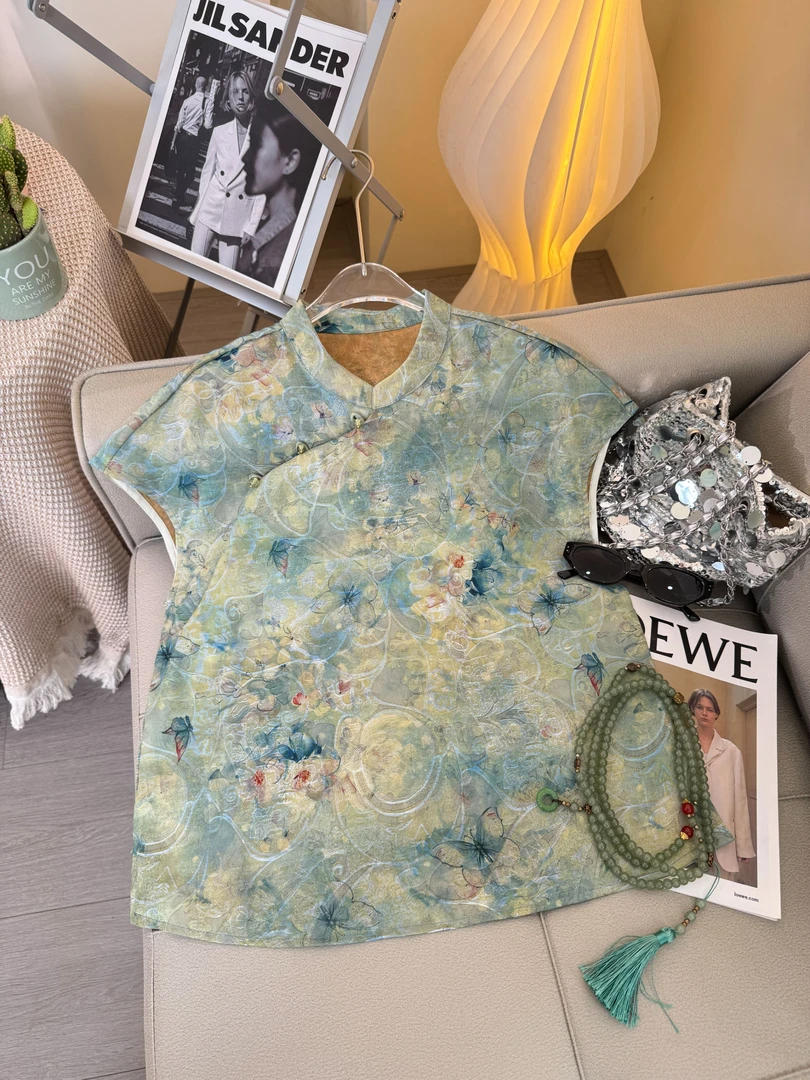 【现货·水墨蝴蝶】轻奢风夏季清爽百搭上衣气质香云纱斜门襟小衫