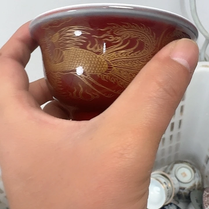 瓷片郎红描金大压手杯景德镇