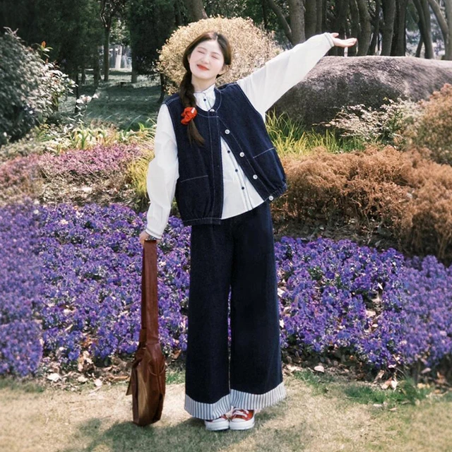 初春穿搭一整套大尺码胖mm日系文艺衬衫马甲阔腿裤减龄叠穿三件套