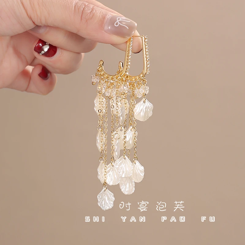 铜合金亚克力耳饰 气质流苏设计感耳钉手工古风百搭长款耳环