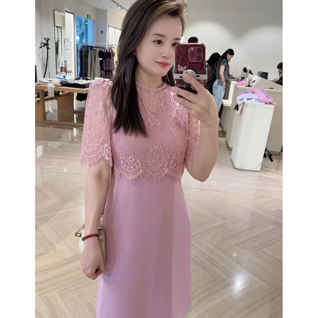 唯伊公馆夏季新款醋酸女装V领外边蕾丝收腰A摆连衣裙98688