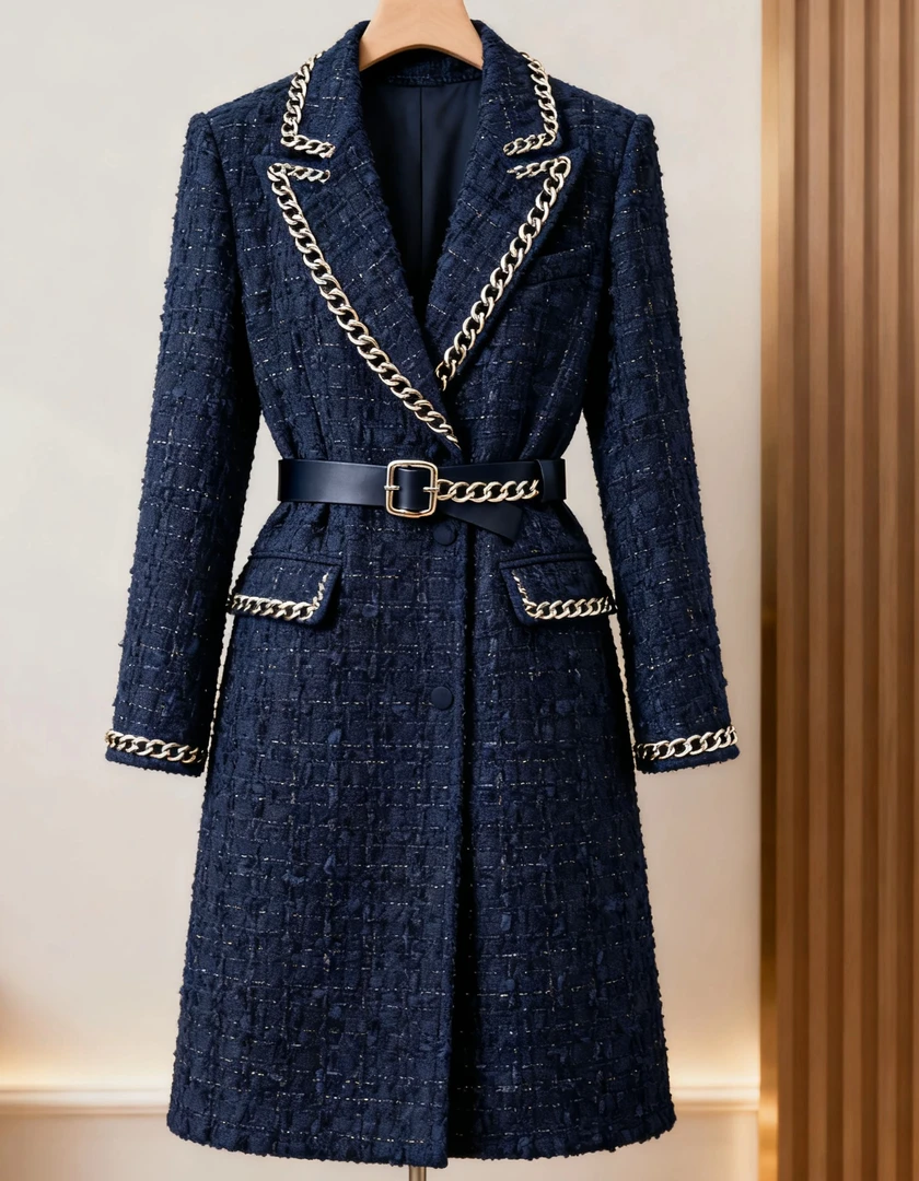 900-930冬季拼接修身粗花呢长款直筒女毛呢外套格子小香风气质