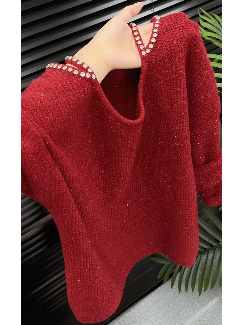 双十一小众重工镶钻套头镂空红色针织衫女2025秋季长袖气质上衣