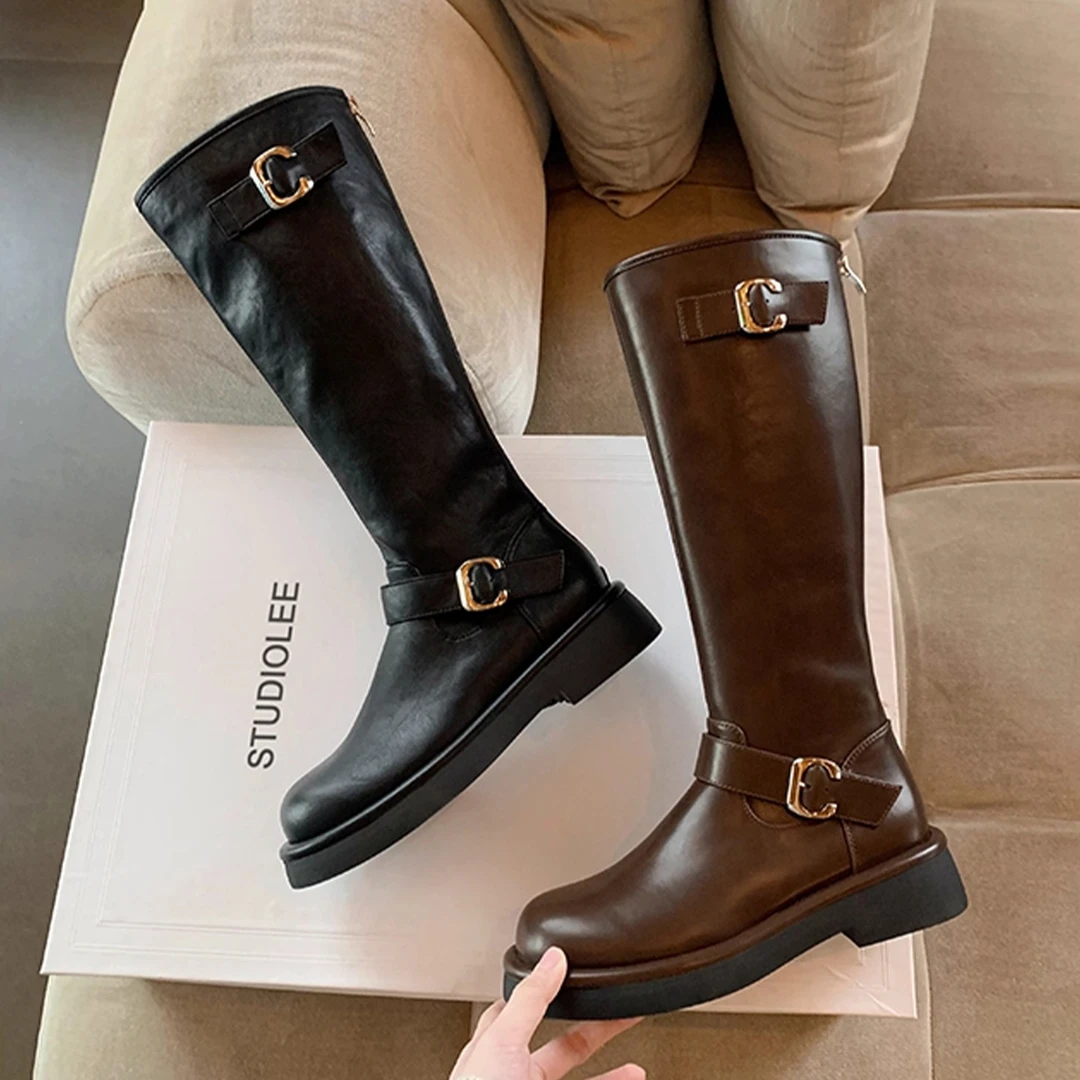 瘦瘦靴时装靴英伦风厚底粗跟高筒靴秋冬小个子秋季时尚百搭真皮