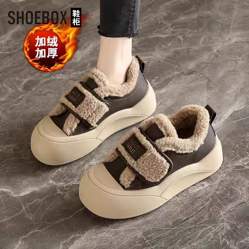 SHOEBOX鞋柜厚底加绒棉鞋女款冬季2025新款魔术贴板鞋保暖棉鞋