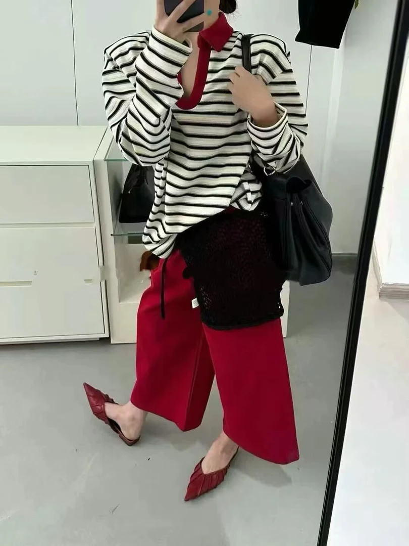 【宝儿姐优选】条纹休闲翻领减龄卫衣套装（可单拍）