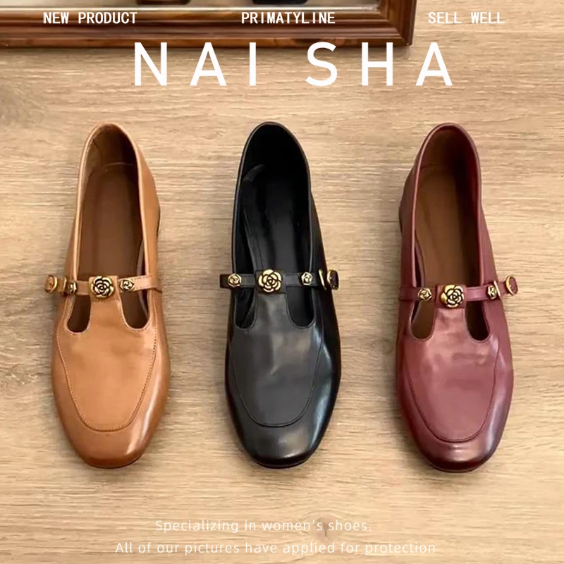 小众高级感通勤乐福鞋女真皮平跟一字扣浅口单鞋复古方头平底鞋