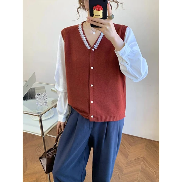 【V领亮片红色马甲开衫】早秋新款针织衫宽松休闲时尚百搭针织衫