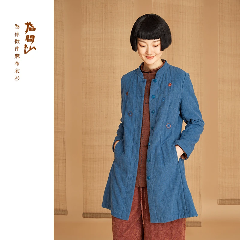 2541141指间沙女装冬季新立领刺绣裥绒中长外套苎麻棉绒里棉服