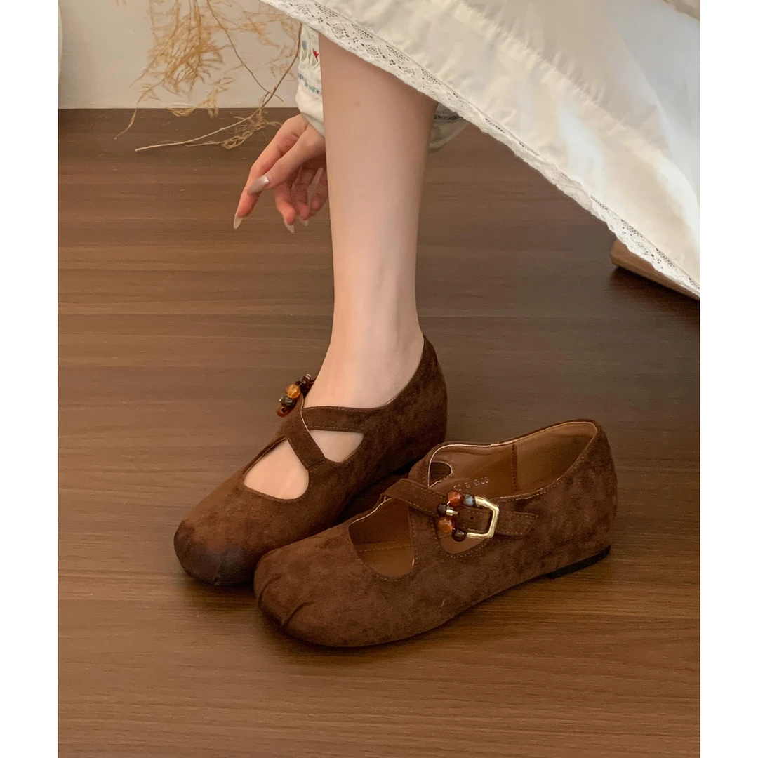 4CM内增高~复古交叉带浅口单鞋女秋季软底芭蕾鞋女一字扣玛丽珍鞋
