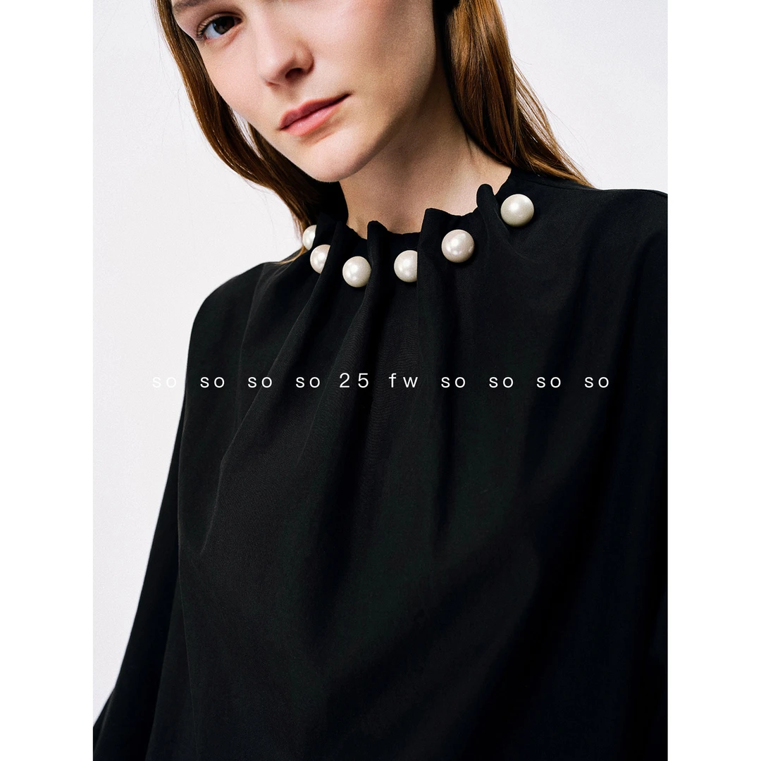 SO 【60莱赛尔】25初秋重工珍珠黑白双色圆领衬衫上衣